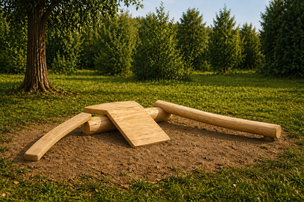 Ein hölzernes Baumstammmikado-Spielgerät mit einer flachen Rampe und zwei gebogenen Balken steht auf nackter Erde, umgeben von Gras und Bäumen in einem Park. Die Schatten der Bäume und des Geräts fallen auf den Boden - perfekt für ein Kleinkind zum Erkunden.