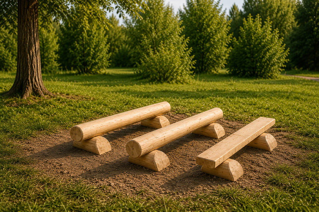 Drei unterschiedlich hohe hölzerne Balancierstämme sind parallel auf einer unbefestigten Fläche in einem grasbewachsenen Park angeordnet, umgeben von üppig grünen Bäumen und durch das Laub fallendem Sonnenlicht.