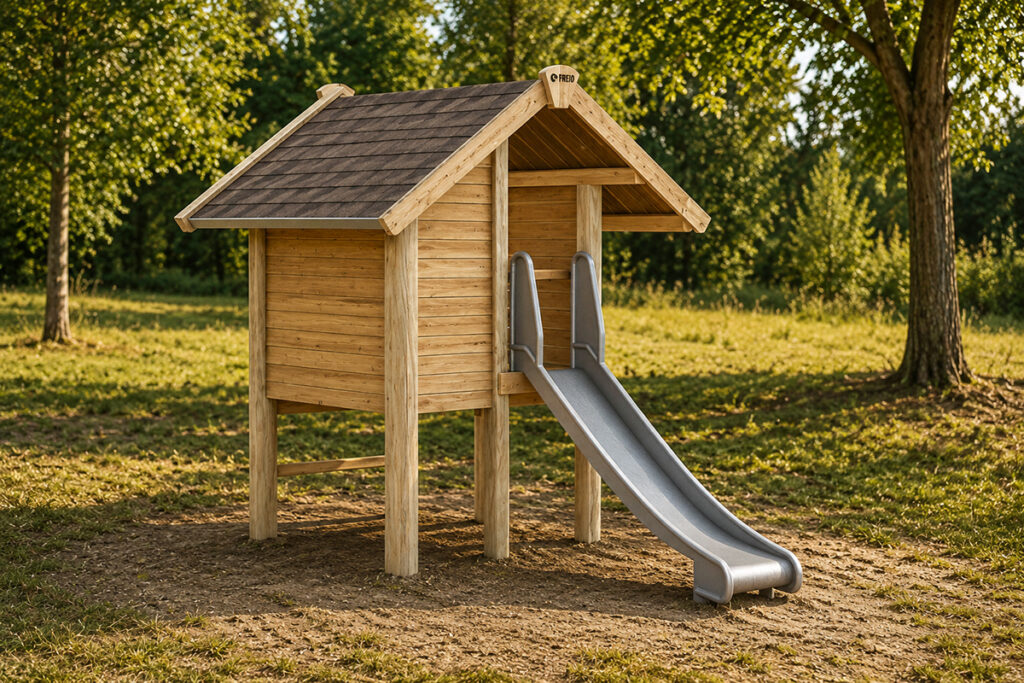 Ein kleines hölzernes Gipfelhaus mit Rutsche PH 1,50 m steht auf vier Stelzen in einem grasbewachsenen Park. An der Vorderseite befindet sich eine graue Kunststoffrutsche, während im Hintergrund Bäume und Sonnenlicht für eine friedliche Szene im Freien sorgen.