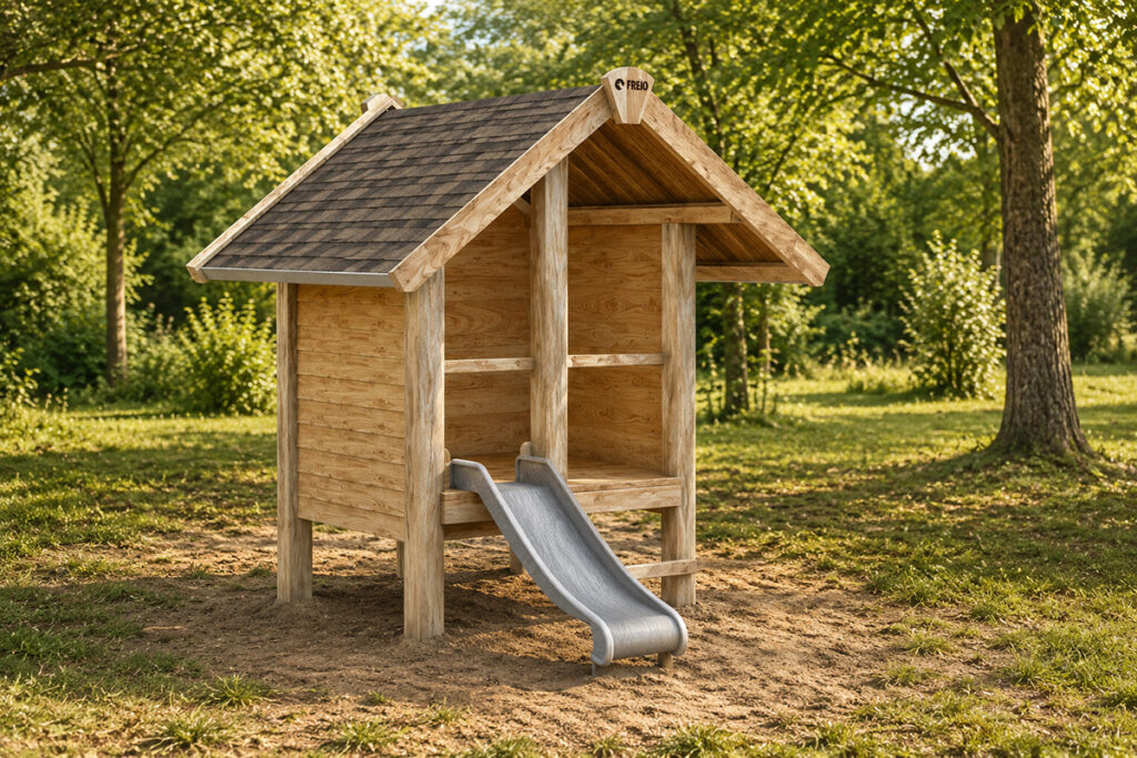 Ein kleines Holzspielhaus im Stil eines Gipfelhauses mit U3-Rutsche steht auf kurzen Stelzen in einem sonnenbeschienenen Park. Es hat eine Metallrutsche, zwei Leitertreppen und offene Seiten, umgeben von üppig grünen Bäumen und Sträuchern.