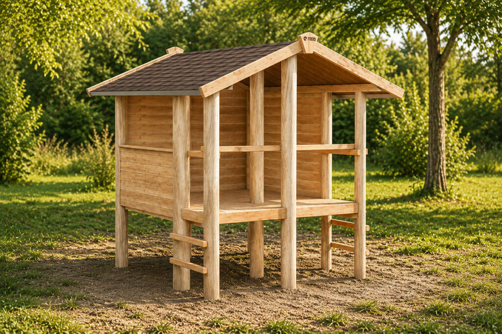 Ein hölzernes Pfahlhaus Groß auf Stelzen steht im Freien auf Erde und Gras, umgeben von grünen Bäumen. Das rustikale Spielhaus hat ein schräges Dach, offene Wände, eine kleine Leiter auf der linken Seite und einen hüttenartigen Charme, wenn das Sonnenlicht durch die Bäume fällt.
