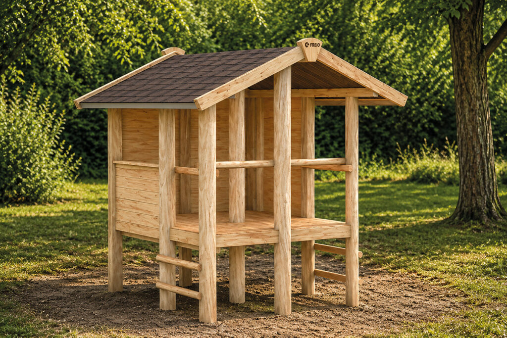 Ein kleines Holzspielhaus von Pfahlhaus Klein steht auf Stelzen in einem grasbewachsenen Außenbereich. Es hat ein schräges, schindelgedecktes Dach, offene Seiten und einen kurzen Treppeneingang, der aus Naturholzstämmen und -bohlen zwischen grünen Bäumen und Büschen gebaut wurde.