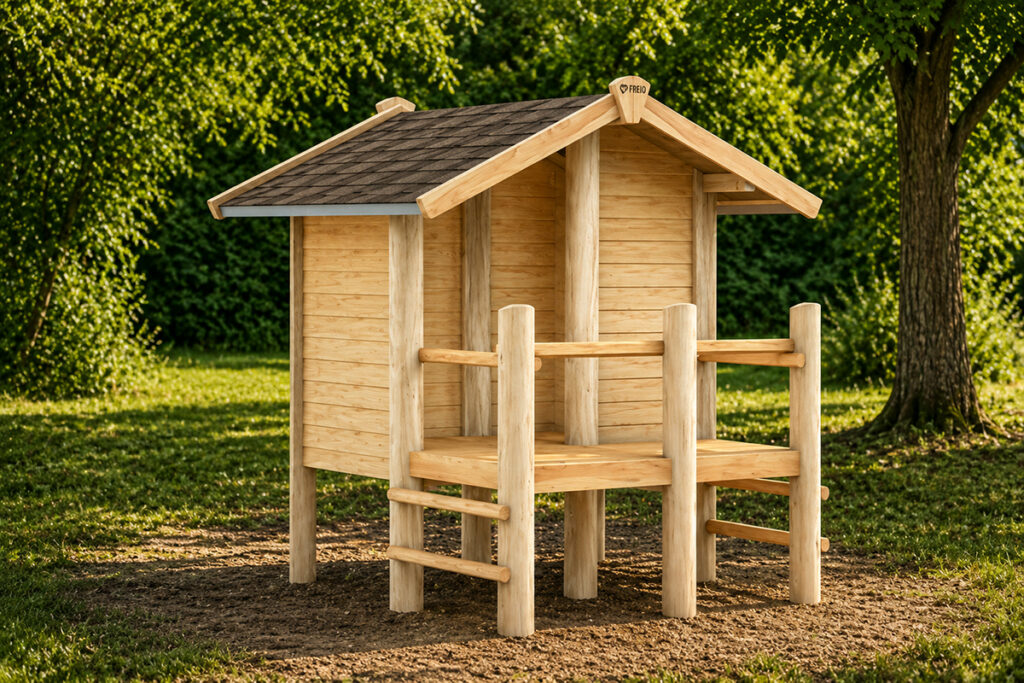 Ein kleines hölzernes Plattformhaus mit Satteldach und offener Front steht auf einer Wiese. Es hat dicke Holzpfosten, Bretterwände und eine offene Veranda mit Geländer, alles umgeben von grünem Gras und Bäumen in hellem, natürlichem Licht.
