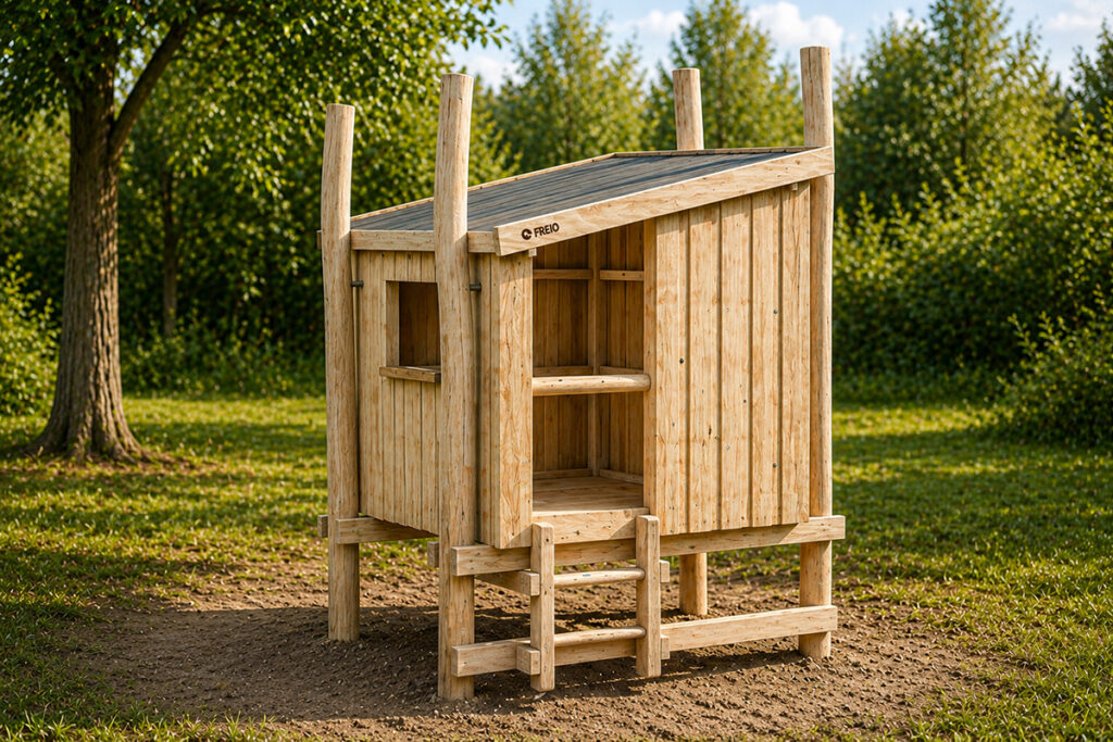 Ein kleines hölzernes Stelzenhaus mit einem schrägen Dach, offenen Fenstern und einer kurzen Leiter steht auf einer Wiese. Das Gebäude ist umgeben von grünen Bäumen und Laub unter einem teilweise bewölkten blauen Himmel.