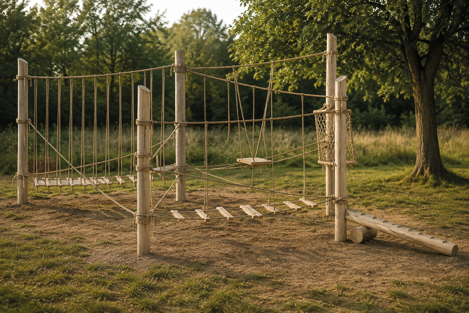 Eine Spielanlage „Seillandschaft Maxi“ aus Holz und Seilen steht auf Erde und Gras. Sie verfügt über Plattformen, Seilbrücken, eine Schaukel und Kletternetze. Im Hintergrund sind Bäume und Grünflächen zu sehen, und das Sonnenlicht wirft Schatten auf den Boden.