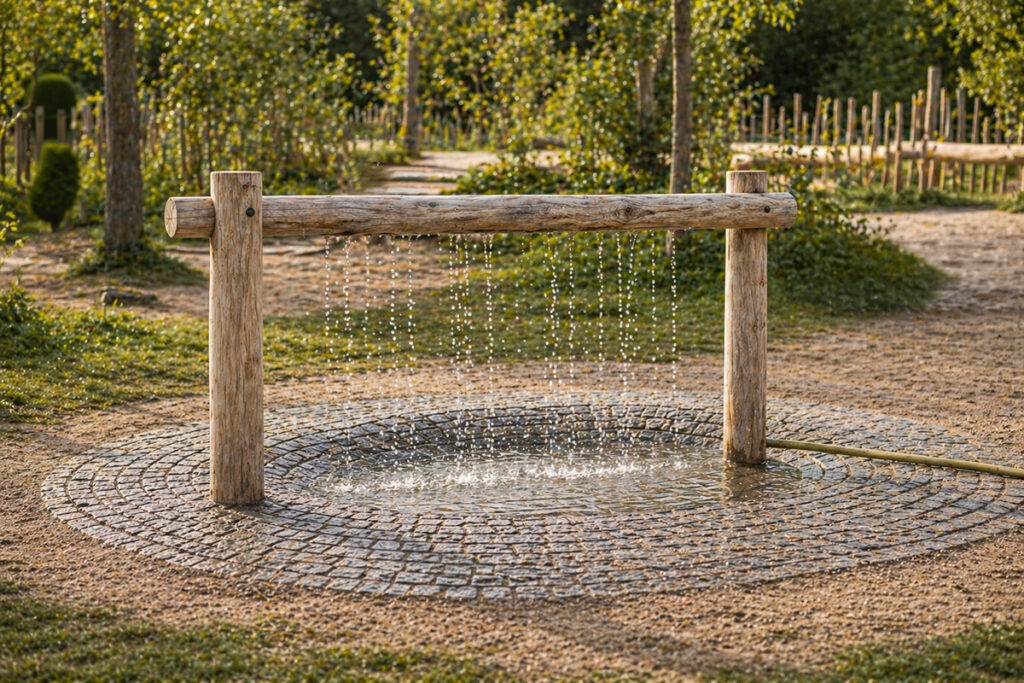 Eine rustikale Holzkonstruktion bildet einen Tropfbogen mit gleichmäßig verteilten Wasserläufen, die in einem sonnigen Park auf ein rundes Kopfsteinpflaster fallen. Junge Bäume, grünes Laub und ein Feldweg umgeben dieses spielerische Wasserspiel.