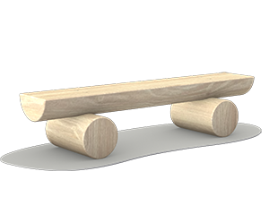 Eine „Stammholzbank“ aus Holz, deren Sitzfläche aus einem langen, halbzylindrischen Baumstamm gefertigt ist und die auf zwei horizontalen, zylindrischen Baumstämmen als Beinen ruht, ist auf einer hellgrauen Fläche vor einem schlichten weißen Hintergrund abgebildet.