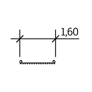 Ein technisches Zeichnungssymbol für ein U3-Zaunelement zeigt eine horizontale Maßlinie mit der Angabe „1,60“. Darunter weist ein Schweißsymbol mit einer Zickzacklinie auf dem schlichten weißen Hintergrund auf eine bestimmte Schweißanforderung hin.